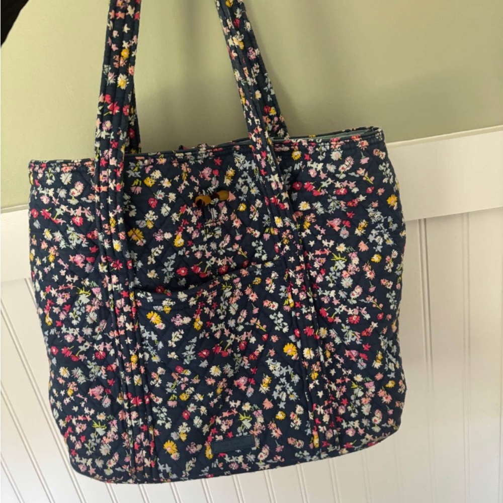 Vera Bradley Navy Quilted Floral Tote with Pink Yellow Green Accents